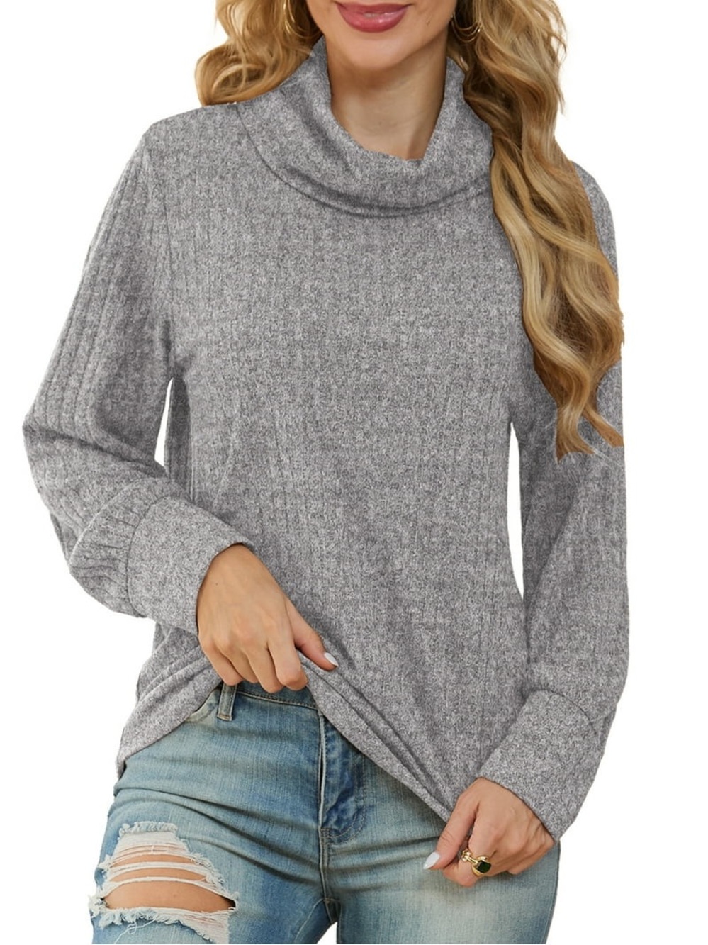 Cueply Women’s Sweater L Light Gray Cowl Neck Ribbed Long Sleeve Top NWT